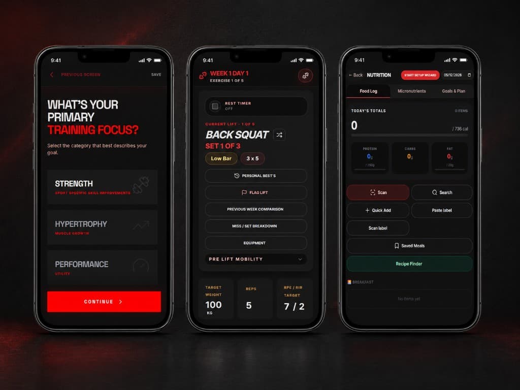 Forge app on phone: training focus, squat session with targets, and nutrition log